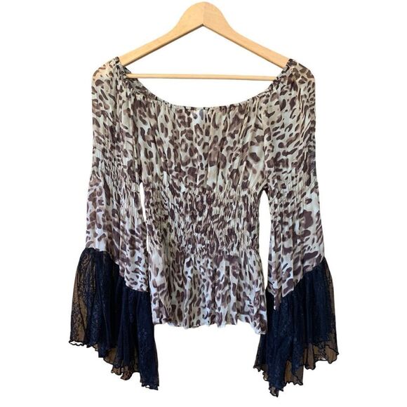 Marrika Nakk Silk Chiffon Leopard Peasant Top and Tiered Skirt Set Brown, Size S - Picture 6 of 12